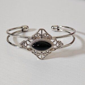 Silver Toned Cuff Bracelet with Black Stone